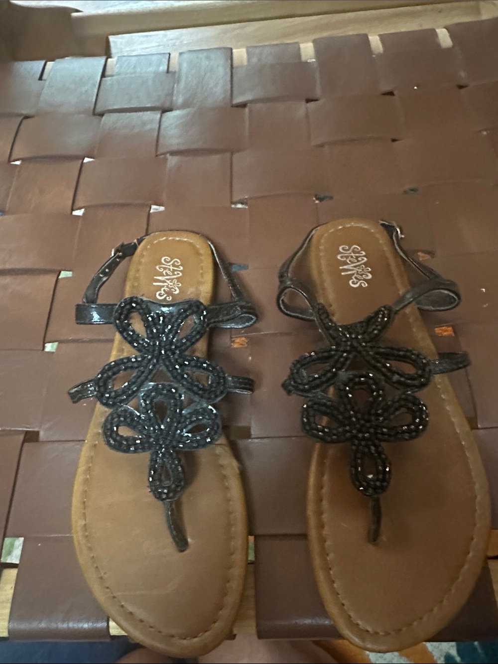 Stevies Black Beaded T-Strap Kids Sandals